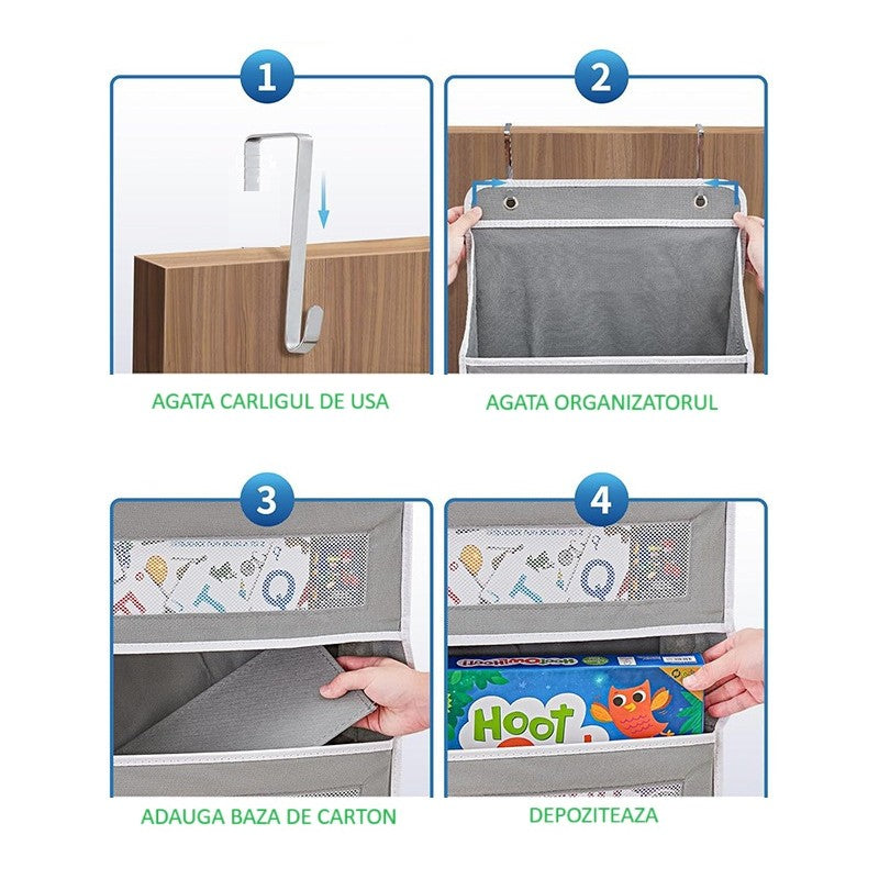 Organizator Suspendat Pentru Usa Cu 5 Compartimente Mari Si 5 Buzunare Laterale, Depozitare Verticala Din Nailon Si Plasa Respirabila, Baza Intarita, Include 2 Carlige Metalice, 146 x 40 x 17 cm, Gri