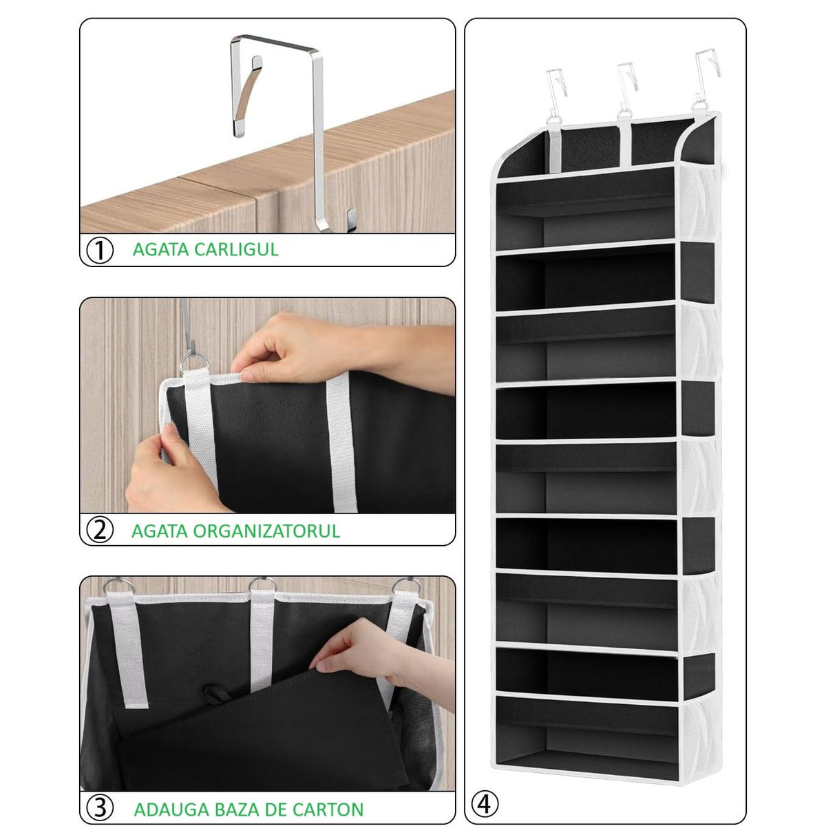 Organizator Suspendat Pentru Usa, 5 Buzunare Principale Si 10 Buzunare Laterale, Nailon Si Plasa Cu Fereastra Transparenta, 3 Carlige Metalice Incluse, 140 x 39 x 17 cm, Negru