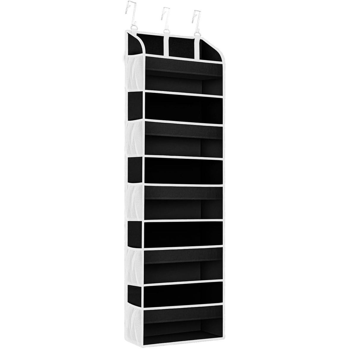 Organizator Suspendat Pentru Usa, 5 Buzunare Principale Si 10 Buzunare Laterale, Nailon Si Plasa Cu Fereastra Transparenta, 3 Carlige Metalice Incluse, 140 x 39 x 17 cm, Negru