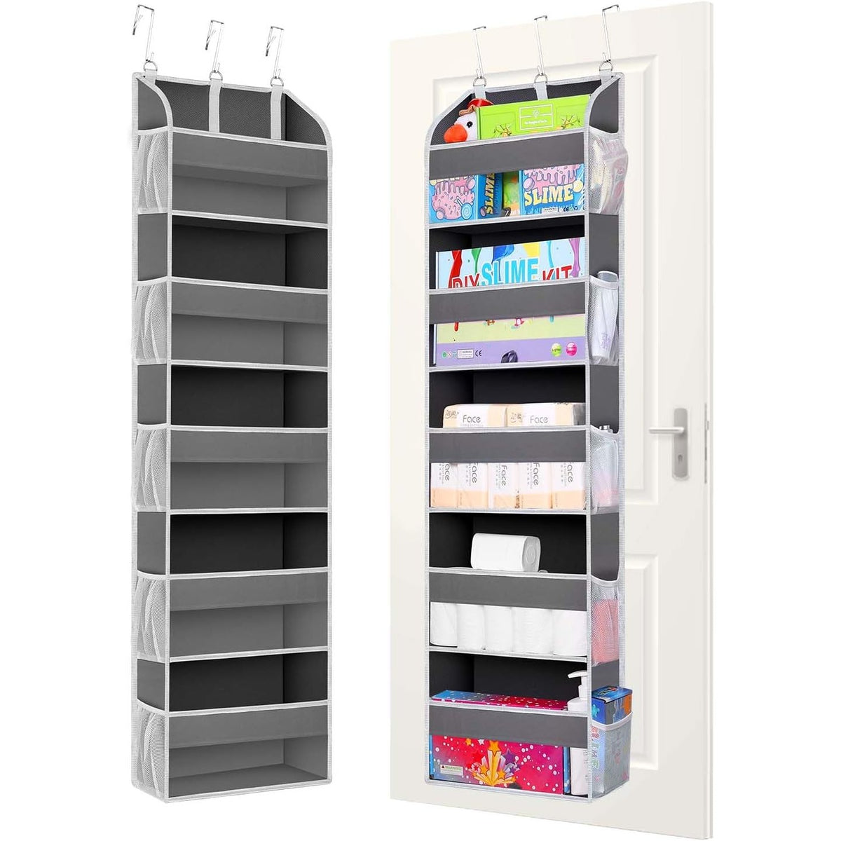 Organizator Suspendat pentru Usa, Depozitare cu 5 Compartimente si 10 Buzunare Laterale, Nailon si Plasa, Fereastra Transparenta, 140 x 39 x 17 cm, 3 Carlige Incluse, Gri