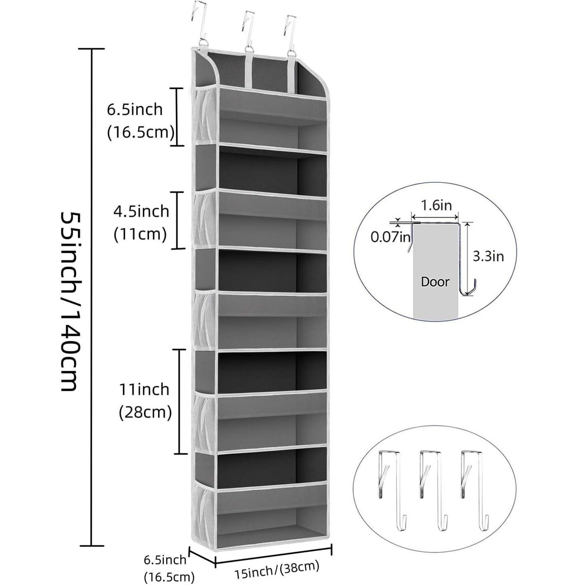 Organizator Suspendat pentru Usa, Depozitare cu 5 Compartimente si 10 Buzunare Laterale, Nailon si Plasa, Fereastra Transparenta, 140 x 39 x 17 cm, 3 Carlige Incluse, Gri