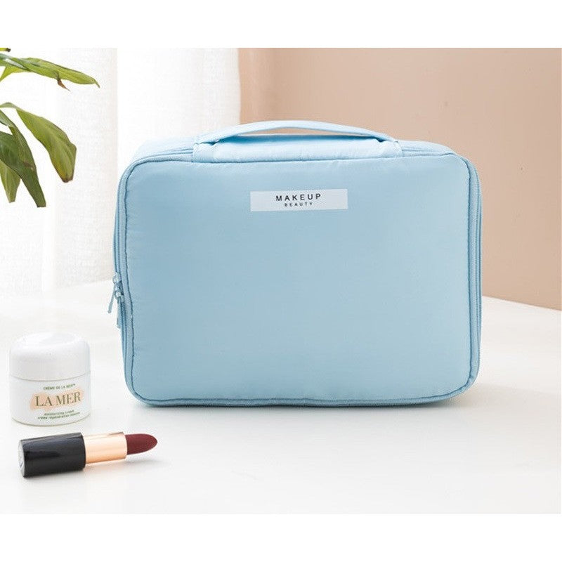 Geanta de Calatorie pentru Cosmetice si Articole de Toaleta, Organizator 2 in 1 cu Portfard Detasabil si Suport Pensule, Material Impermeabil PU, 23 x 16 x 8 cm, Albastru