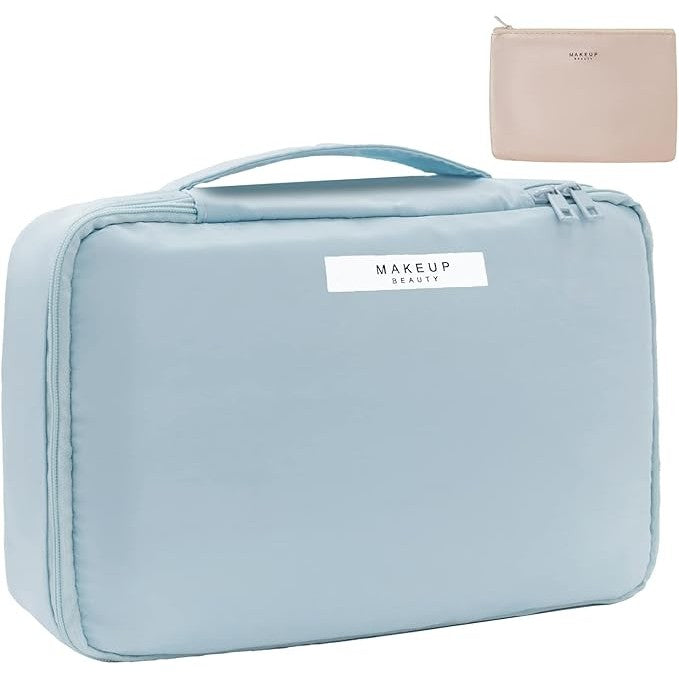 Geanta de Calatorie pentru Cosmetice si Articole de Toaleta, Organizator 2 in 1 cu Portfard Detasabil si Suport Pensule, Material Impermeabil PU, 23 x 16 x 8 cm, Albastru