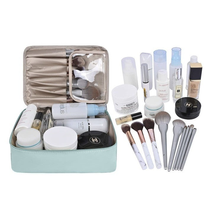 Geanta de Calatorie pentru Cosmetice si Articole de Toaleta, Organizator 2 in 1 cu Portfard Detasabil si Suport Pensule, Material Impermeabil PU, 23 x 16 x 8 cm, Albastru