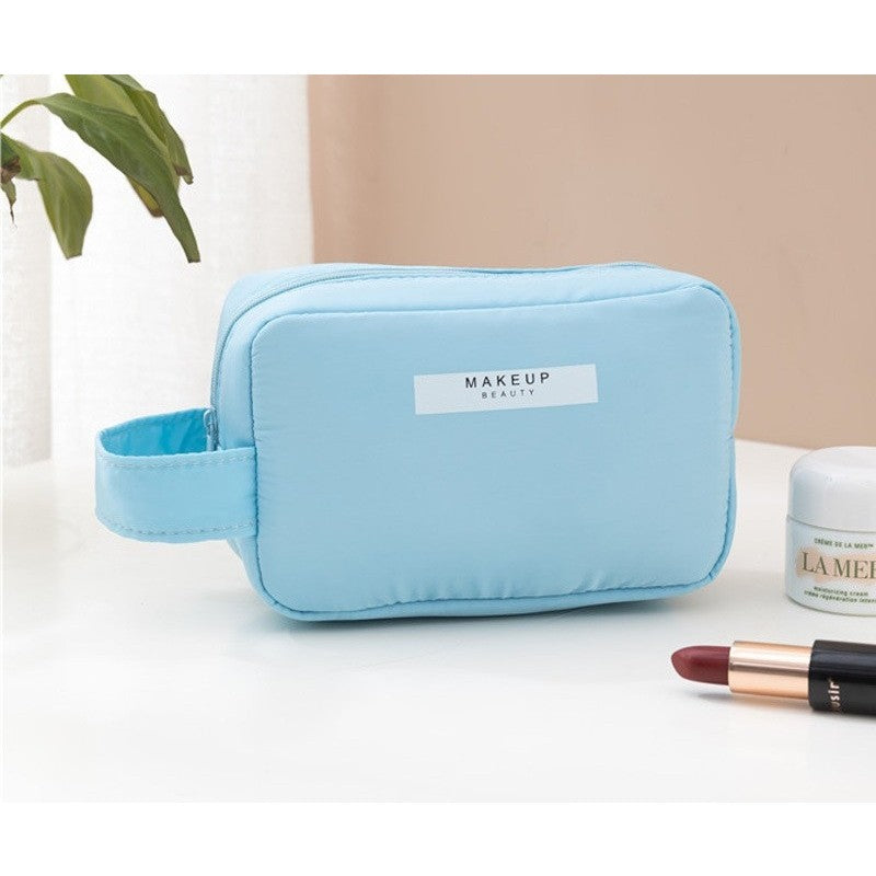 Portfard pentru Cosmetice, Geanta Organizator Machiaj cu Maner, Material Impermeabil PU, Compartimente Interioare, Inchidere Fermoar Bidirictional, 16 x 11 x 7 cm, Albastru