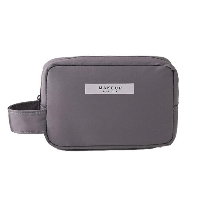 Portfard Cosmetice Impermeabil cu Maner, Geanta Organizator Machiaj din PU, Compartimente Interioare, Inchidere Fermoar Bidiriectional, Gri, 16 x 11 x 7 cm