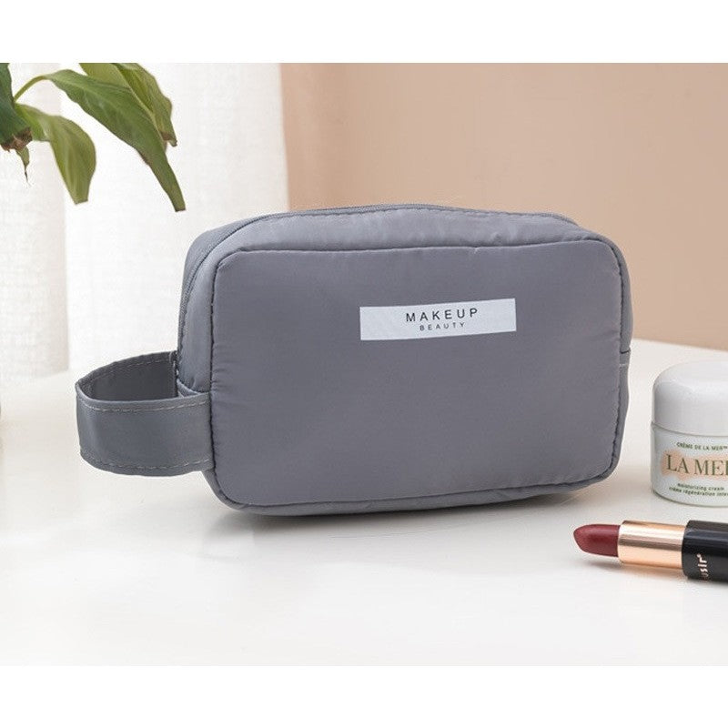 Portfard Cosmetice Impermeabil cu Maner, Geanta Organizator Machiaj din PU, Compartimente Interioare, Inchidere Fermoar Bidiriectional, Gri, 16 x 11 x 7 cm