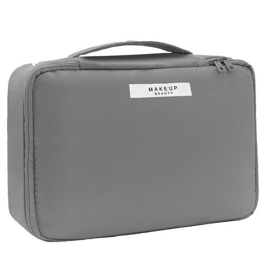 Geanta Calatorie pentru Cosmetice si Articole de Toaleta, Organizator Machiaj 2 in 1 cu Portfard Detasabil si Suport Pensule, Material Impermeabil PU, 23 x 16 x 8 cm, Gri