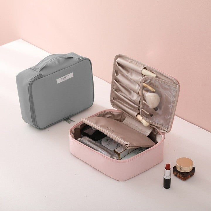 Geanta Calatorie pentru Cosmetice si Articole de Toaleta, Organizator Machiaj 2 in 1 cu Portfard Detasabil si Suport Pensule, Material Impermeabil PU, 23 x 16 x 8 cm, Gri