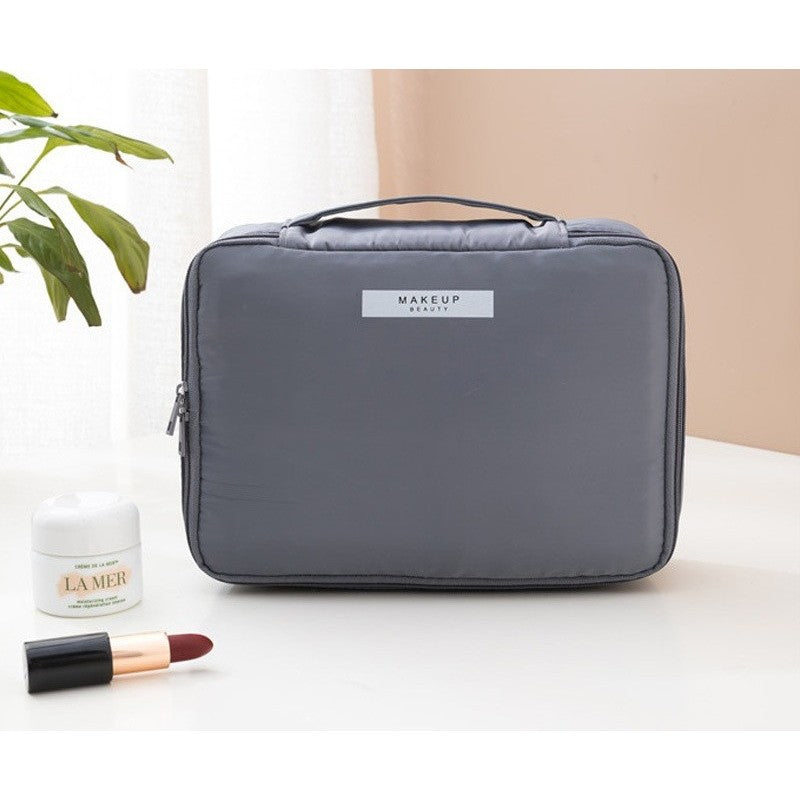 Geanta Calatorie pentru Cosmetice si Articole de Toaleta, Organizator Machiaj 2 in 1 cu Portfard Detasabil si Suport Pensule, Material Impermeabil PU, 23 x 16 x 8 cm, Gri