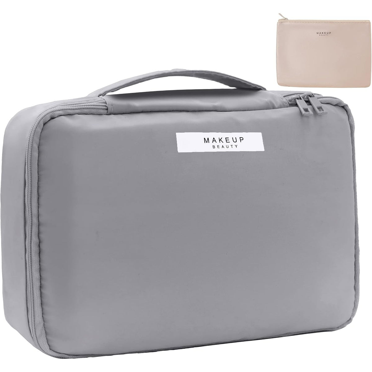 Geanta Calatorie pentru Cosmetice si Articole de Toaleta, Organizator Machiaj 2 in 1 cu Portfard Detasabil si Suport Pensule, Material Impermeabil PU, 23 x 16 x 8 cm, Gri