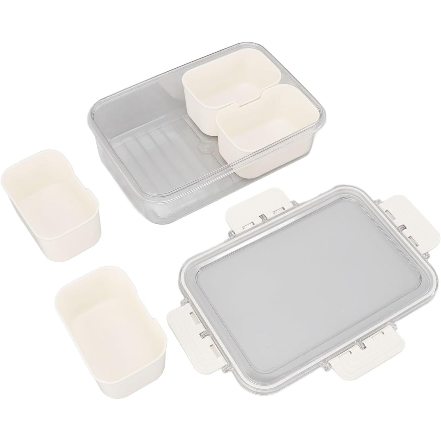 Cutie Alimentara pentru Condimente si Gustari, Organizator cu 4 Compartimente si Inchidere Etansa, Plastic PET si PP cu Maner, 25 x 8 x 18 cm, Alb