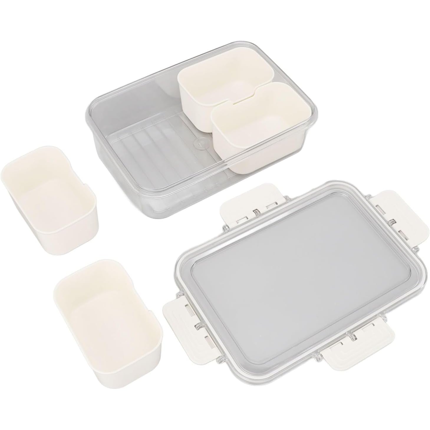 Cutie Alimentara pentru Condimente si Gustari, Organizator cu 4 Compartimente si Inchidere Etansa, Plastic PET si PP cu Maner, 25 x 8 x 18 cm, Alb