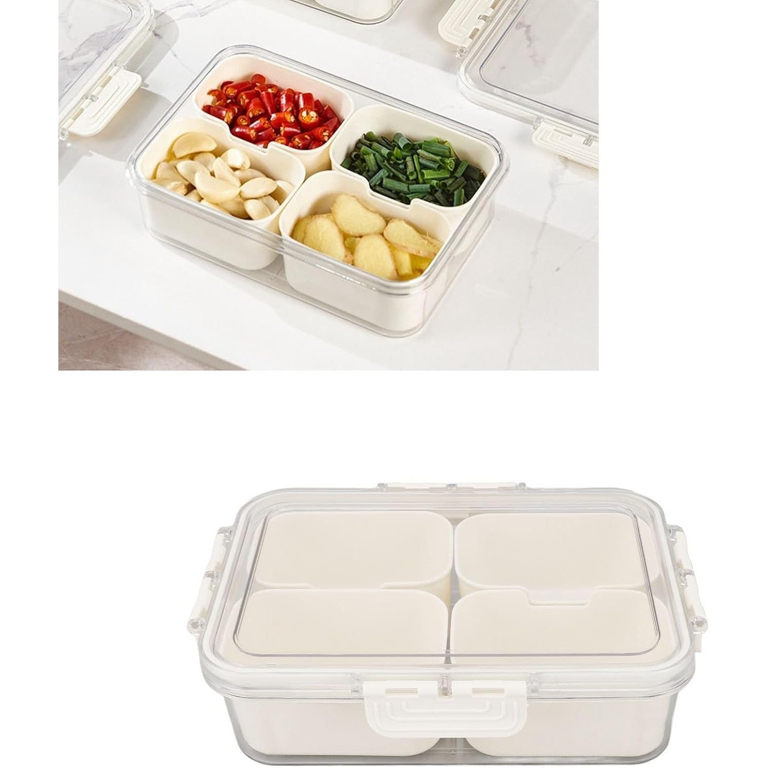 Cutie Alimentara pentru Condimente si Gustari, Organizator cu 4 Compartimente si Inchidere Etansa, Plastic PET si PP cu Maner, 25 x 8 x 18 cm, Alb