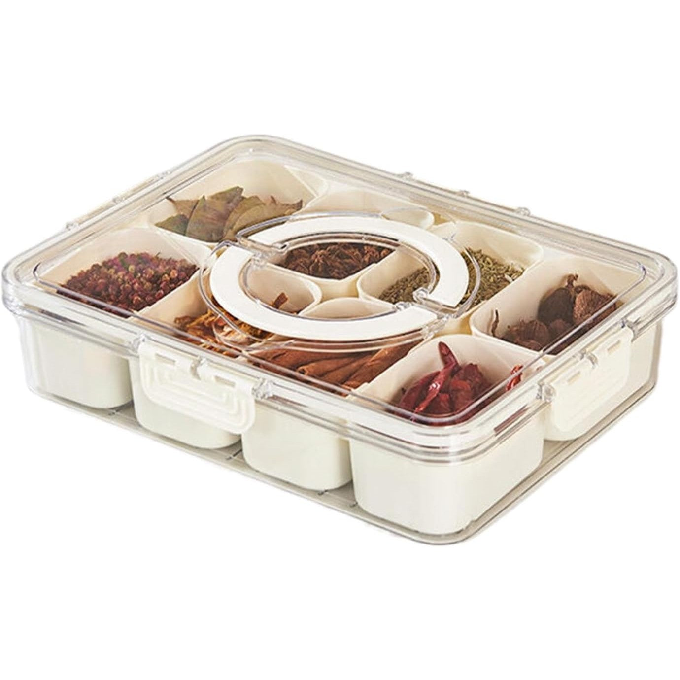 Cutie Alimentara pentru Condimente si Gustari, Organizator Multifunctional cu Inchidere Etansa si Maner, Plastic PET si PP, 8 Compartimente, 32 x 8 x 25 cm, Alb/Transparent