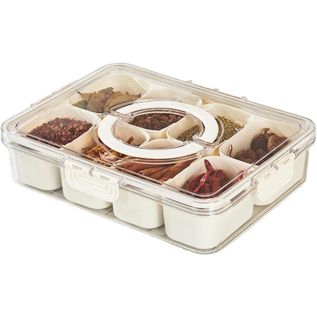 Cutie Alimentara pentru Condimente si Gustari, Organizator Multifunctional cu Inchidere Etansa si Maner, Plastic PET si PP, 8 Compartimente, 32 x 8 x 25 cm, Alb/Transparent