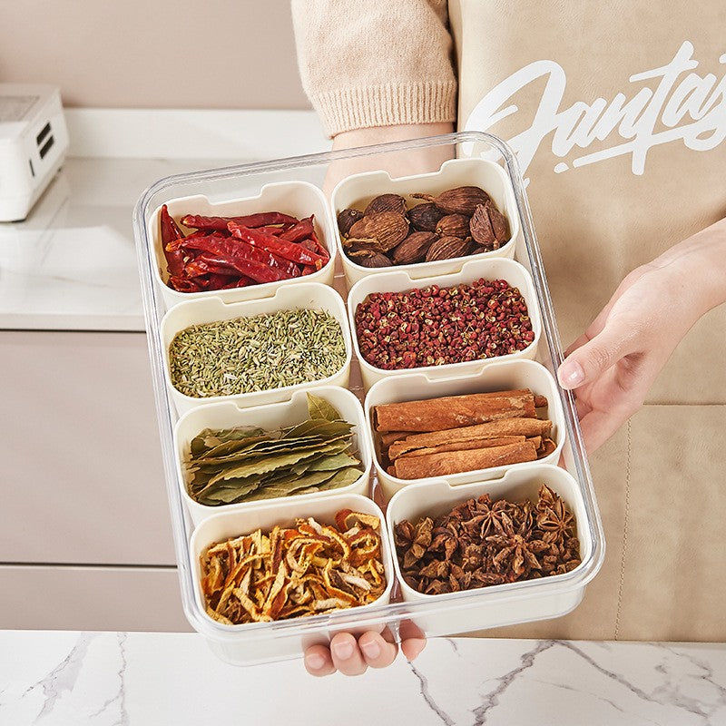 Cutie Alimentara pentru Condimente si Gustari, Organizator Multifunctional cu Inchidere Etansa si Maner, Plastic PET si PP, 8 Compartimente, 32 x 8 x 25 cm, Alb/Transparent