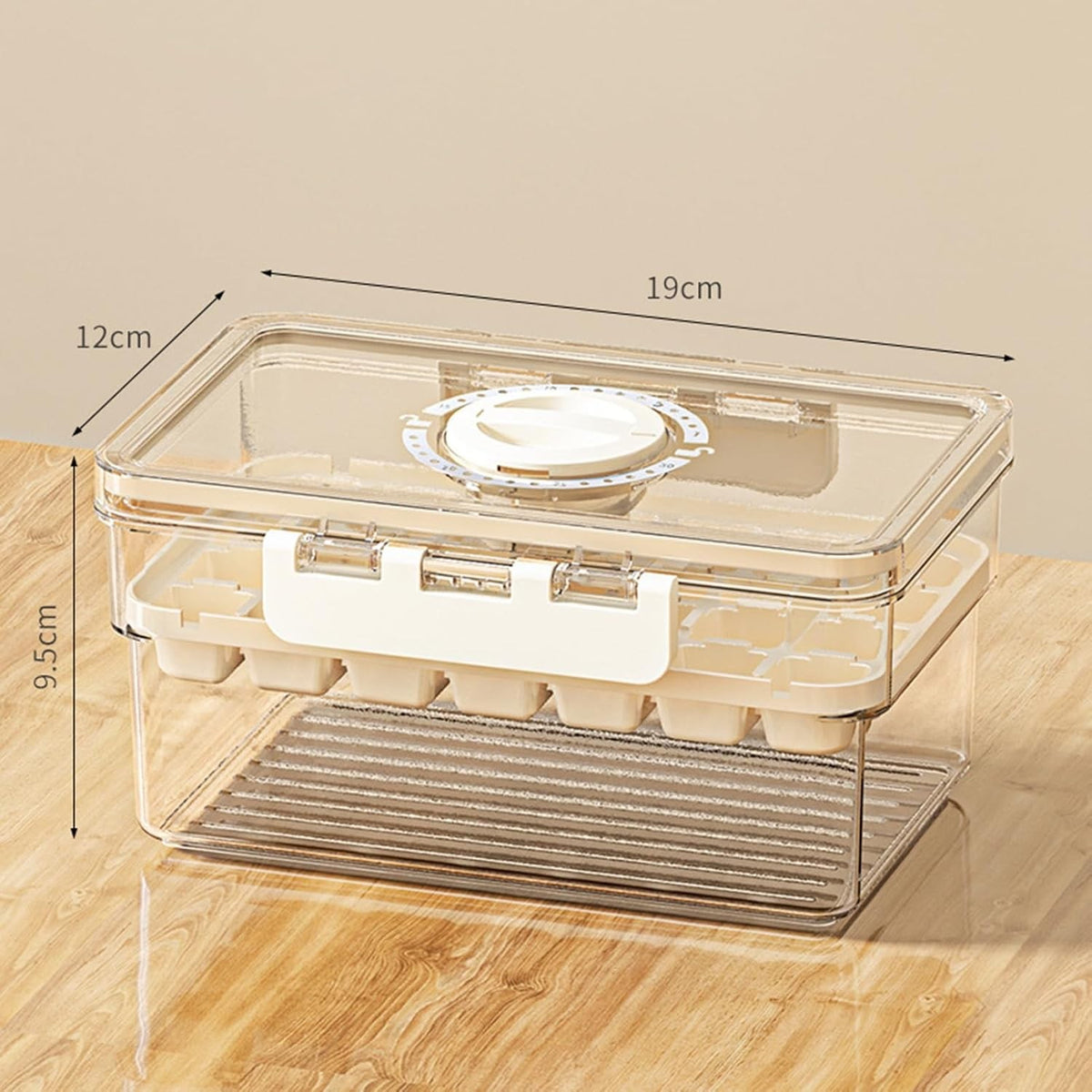 Formă de Gheață cu Eliberare Rapidă prin Apăsare, Închidere Etanșă și Recipient Depozitare, Material PP și PET, 19 x 12 x 9.5 cm, Bej