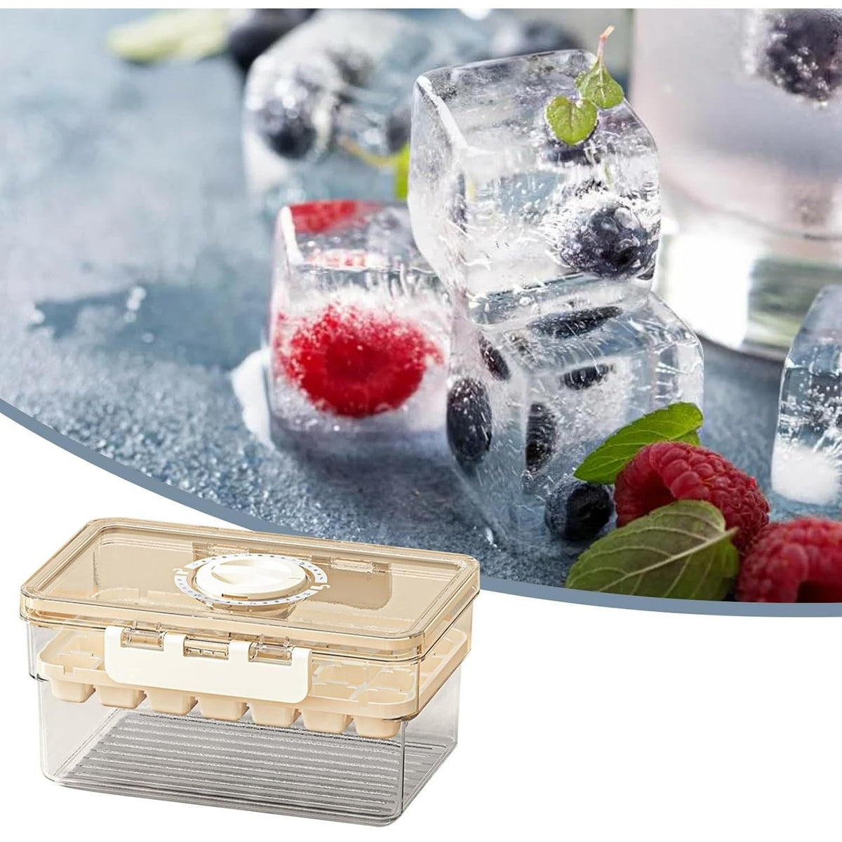 Formă de Gheață cu Eliberare Rapidă prin Apăsare, Închidere Etanșă și Recipient Depozitare, Material PP și PET, 19 x 12 x 9.5 cm, Bej