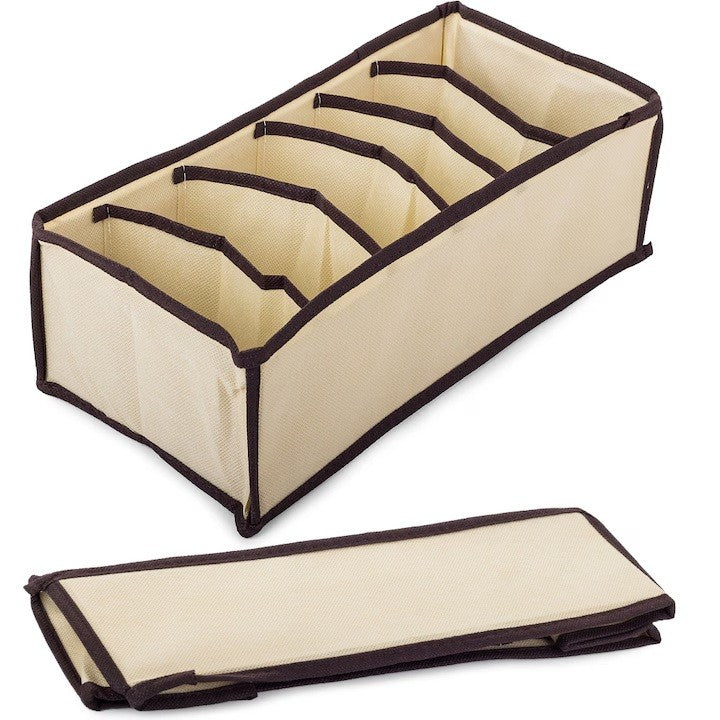 Organizator Cutie Depozitare pentru Lenjerie, Sosete si Sutiene, Design Pliabil cu 6 Compartimente, Material Textil Oxford, 32 x 16 x 10 cm, Bej