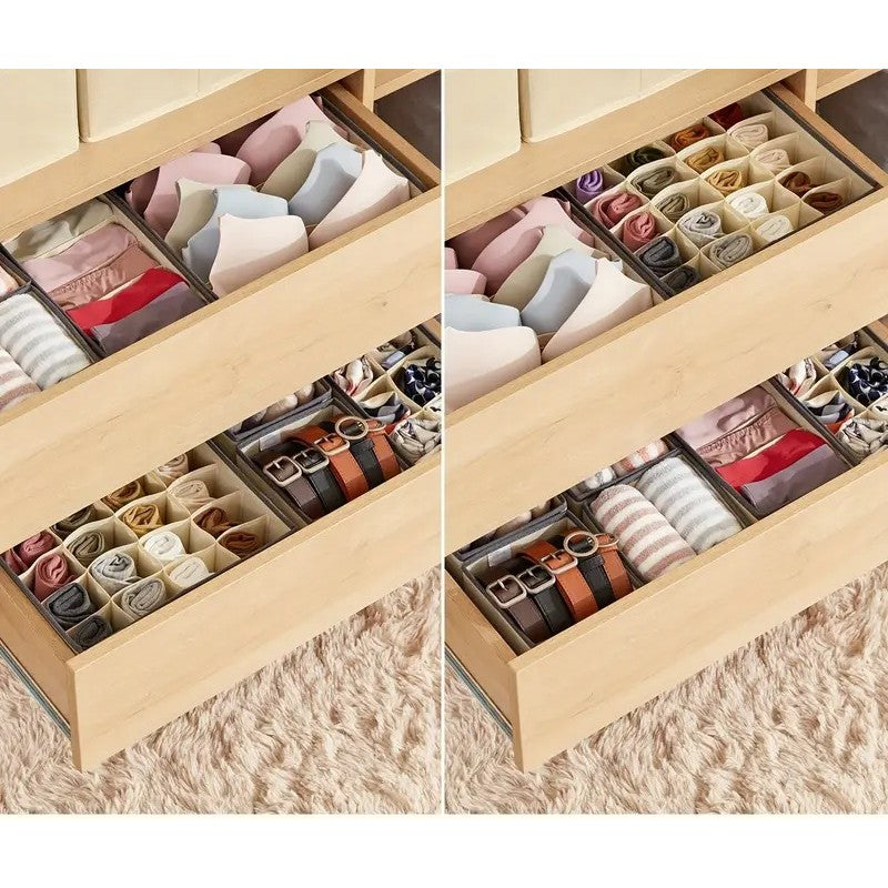 Organizator Cutie Depozitare pentru Lenjerie, Sosete si Sutiene, Design Pliabil cu 6 Compartimente, Material Textil Oxford, 32 x 16 x 10 cm, Bej