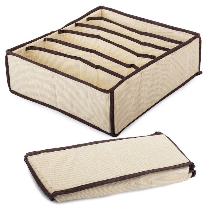 Organizator Cutie Depozitare pentru Lenjerie, Sosete si Sutiene, Design Pliabil cu 7 Compartimente, Material Textil Oxford si Plastic, 32 x 32 x 10 cm, Bej