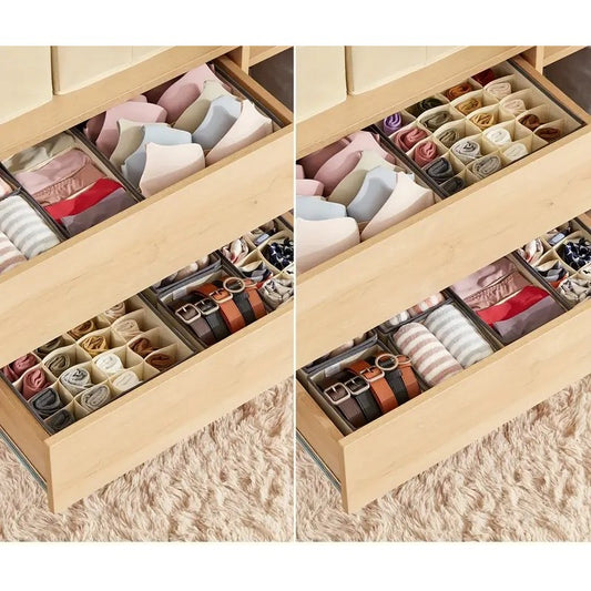 Organizator Dulap Pentru Lenjerie Si Sosete, Cutie Depozitare Pliabila Cu 24 Compartimente, Panză Oxford Si Plastic, 32 x 32 x 10 cm, Bej