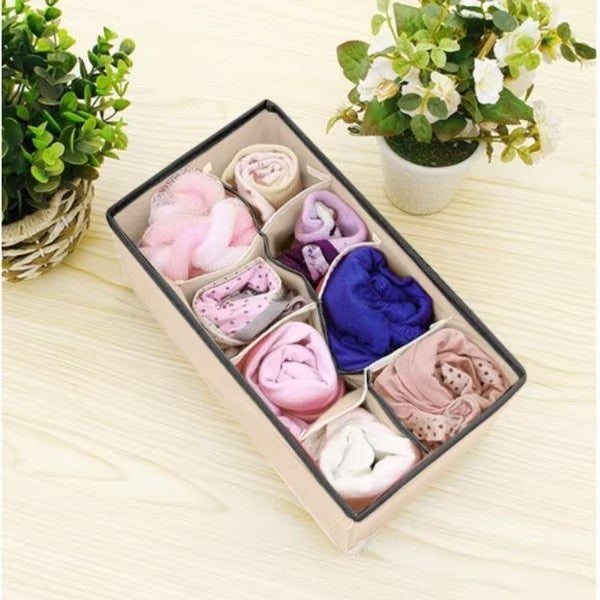 Organizator Cutie Depozitare Lenjerie Intima, Sosete si Sutiene, Pliabil cu Fermoar, Material Textil Oxford, 8 Compartimente, 32 x 16 x 10 cm, Bej