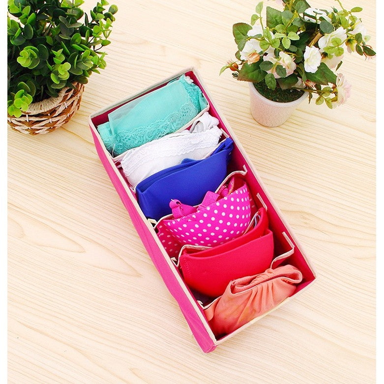 Organizator Cutie Depozitare pentru Lenjerie, Sosete si Sutiene, Design Pliabil cu 6 Compartimente, Material Textil Oxford, 32 x 16 x 10 cm, Roz