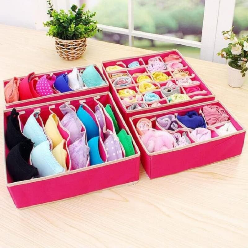 Organizator Cutie Depozitare pentru Lenjerie, Sosete si Sutiene, Design Pliabil cu 6 Compartimente, Material Textil Oxford, 32 x 16 x 10 cm, Roz