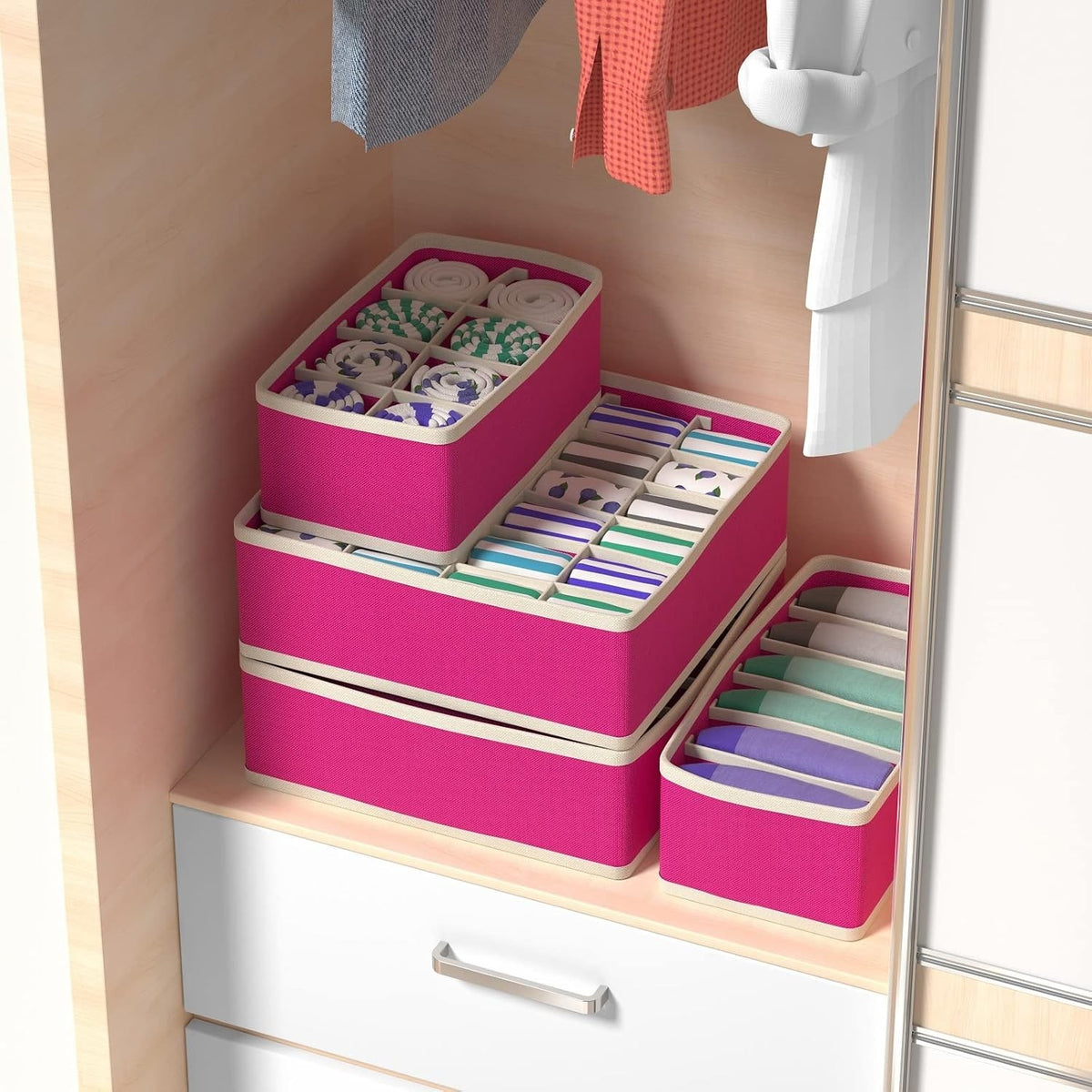 Organizator Cutie Depozitare pentru Lenjerie, Sosete si Sutiene, Design Pliabil cu 6 Compartimente, Material Textil Oxford, 32 x 16 x 10 cm, Roz