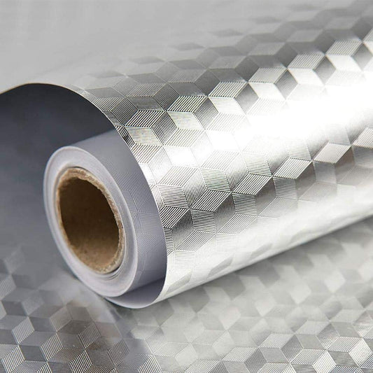 Autocolant de Bucatarie Autoadeziv, Folie Protectie Impermeabila si Termorezistenta, Model Cub 3D, PVC si Aluminiu, 40 x 300 cm, Argintiu
