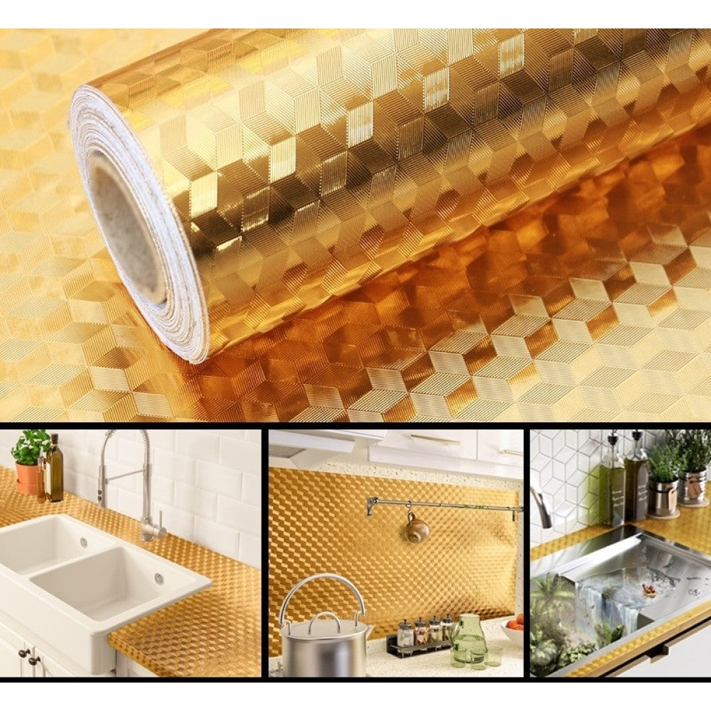 Autocolant De Bucatarie Autoadeziv, Folie Protectie Perete Impermeabila si Termorezistenta, PVC si Aluminiu, Model Cub 3D, 60 x 100 cm, Auriu