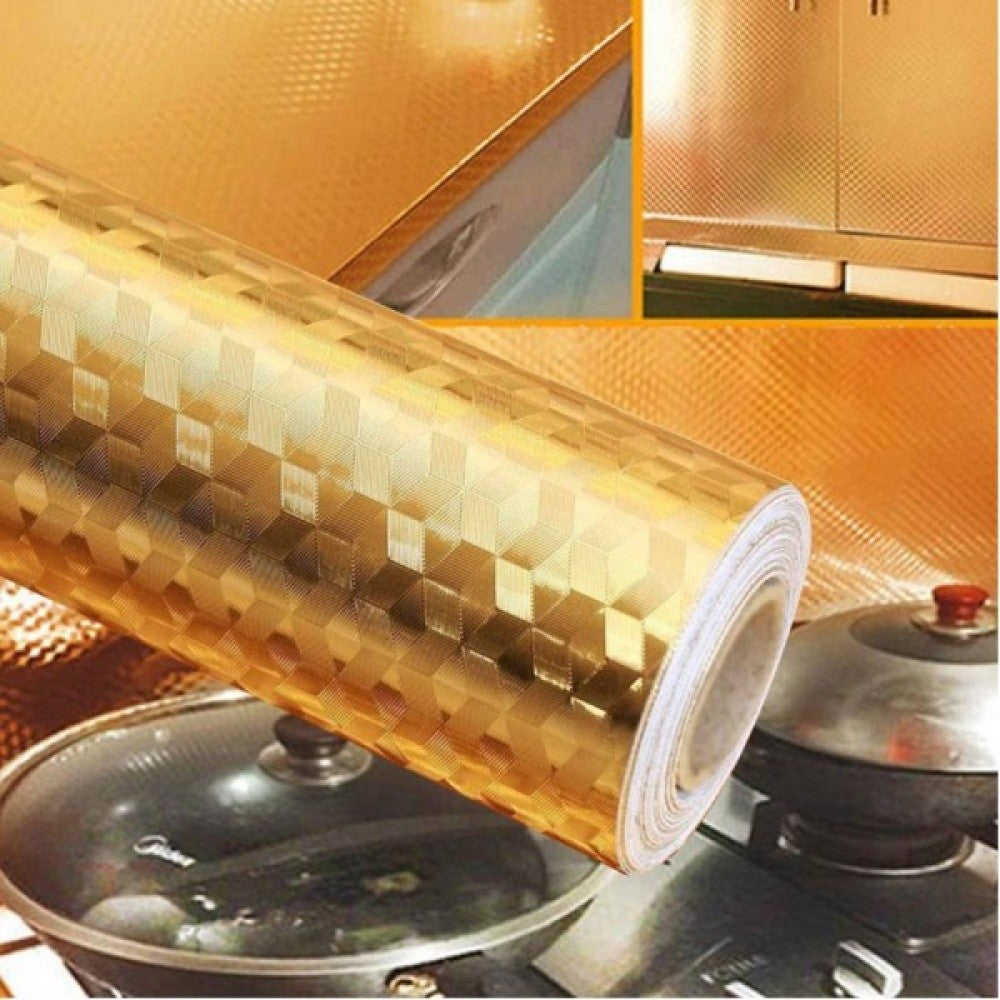Autocolant De Bucatarie Autoadeziv, Folie Protectie Perete Impermeabila si Termorezistenta, PVC si Aluminiu, Model Cub 3D, 60 x 100 cm, Auriu