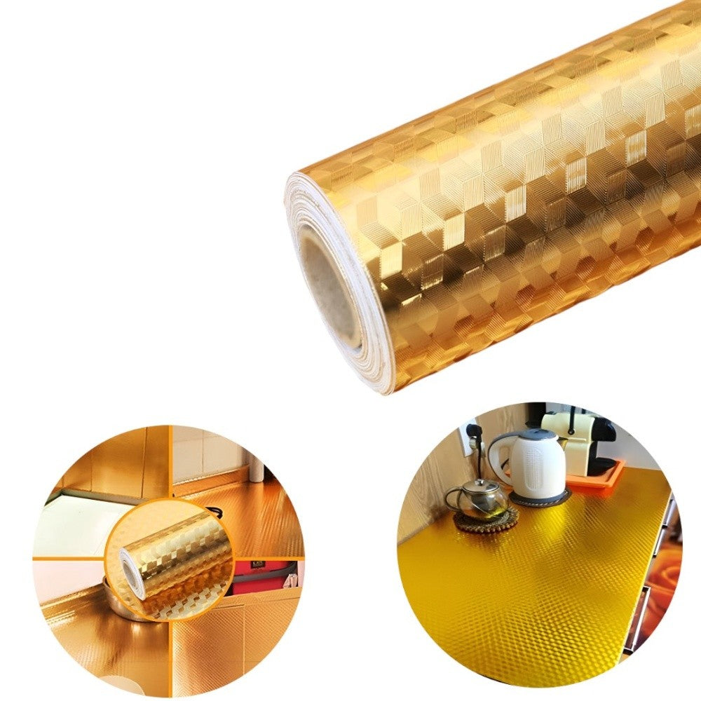 Autocolant De Bucatarie Autoadeziv, Folie Protectie Perete Impermeabila si Termorezistenta, PVC si Aluminiu, Model Cub 3D, 60 x 100 cm, Auriu