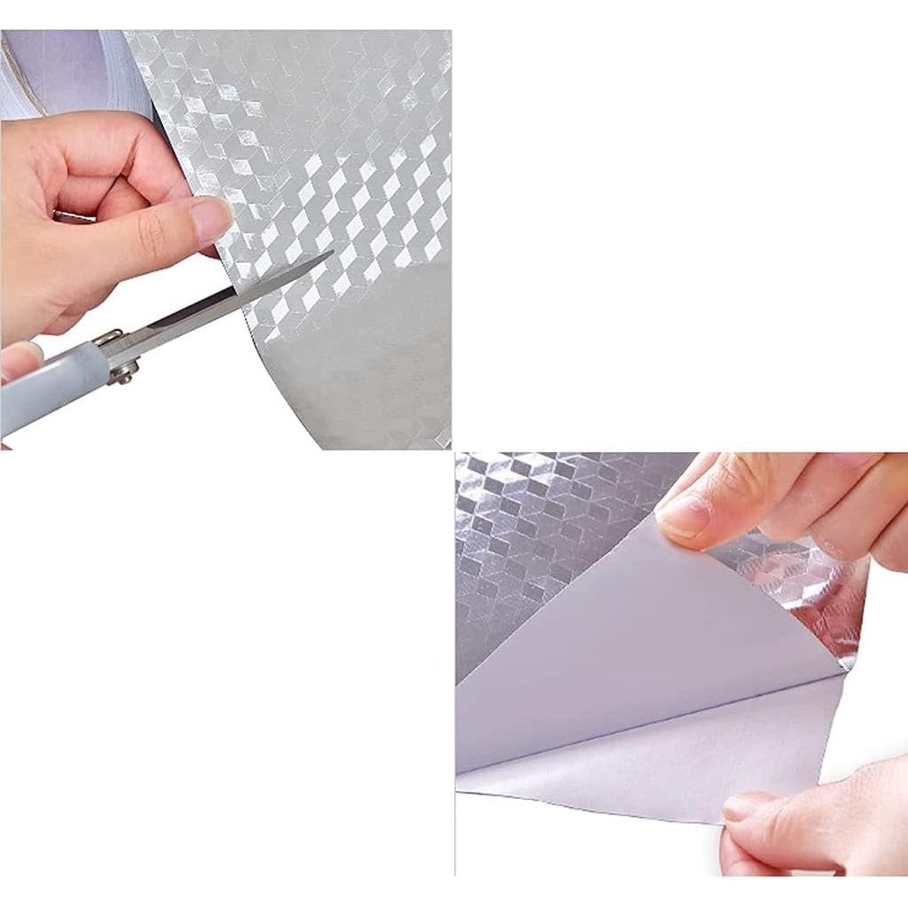 Autocolant De Bucatarie Autoadeziv, Folie Protectie Rezistenta La Caldura Si Impermeabila, PVC Si Aluminiu, Model Cub 3D, 60 x 300 cm, Argintiu