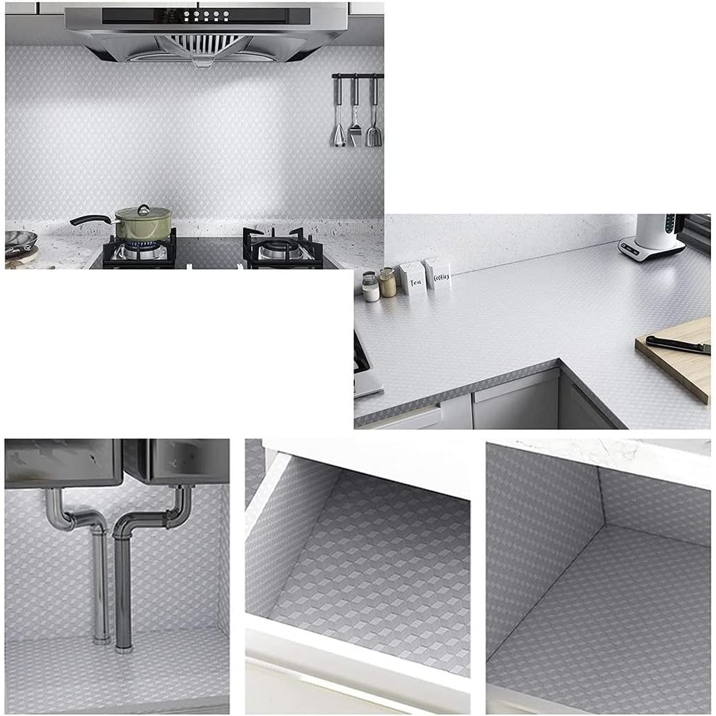Autocolant De Bucatarie Autoadeziv, Folie Protectie Rezistenta La Caldura Si Impermeabila, PVC Si Aluminiu, Model Cub 3D, 60 x 300 cm, Argintiu