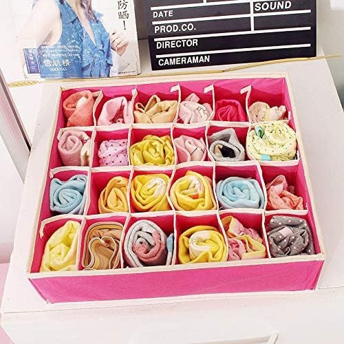Organizator Sertare pentru Lenjerie, Sosete si Sutiene, Cutie Depozitare Pliabila, Panza Oxford si Plastic, 24 Compartimente, 32 x 32 x 10 cm, Roz