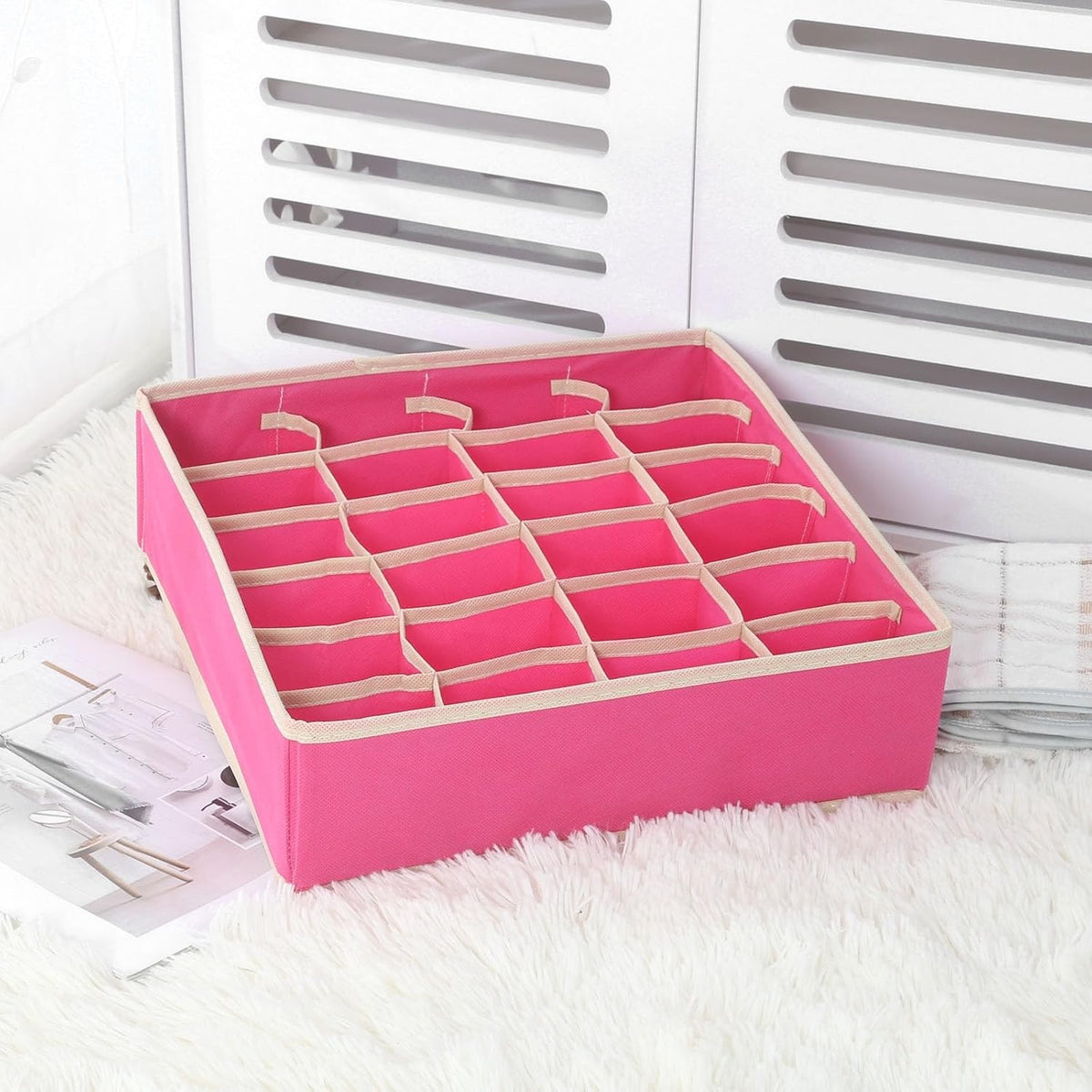 Organizator Sertare pentru Lenjerie, Sosete si Sutiene, Cutie Depozitare Pliabila, Panza Oxford si Plastic, 24 Compartimente, 32 x 32 x 10 cm, Roz