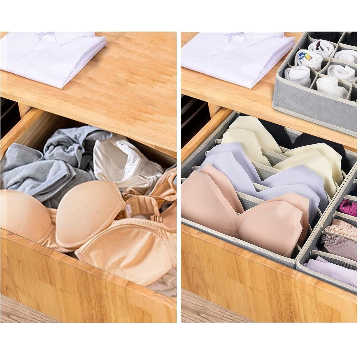 Organizator Cutie Depozitare Lenjerie, Sosete si Sutiene, Design Pliabil cu Fermoar, Material Textil Oxford si PP, 7 Compartimente, 32 x 32 x 10 cm, Gri