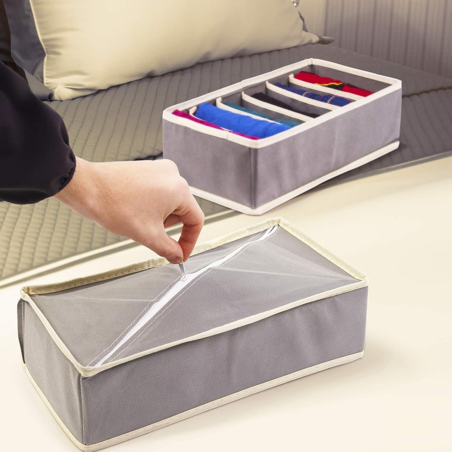Organizator Sertar Pentru Lenjerie, Sosete Si Sutiene, Cutie Depozitare Pliabila, Material Textil Oxford, 6 Compartimente, 32 x 16 x 10 cm, Gri