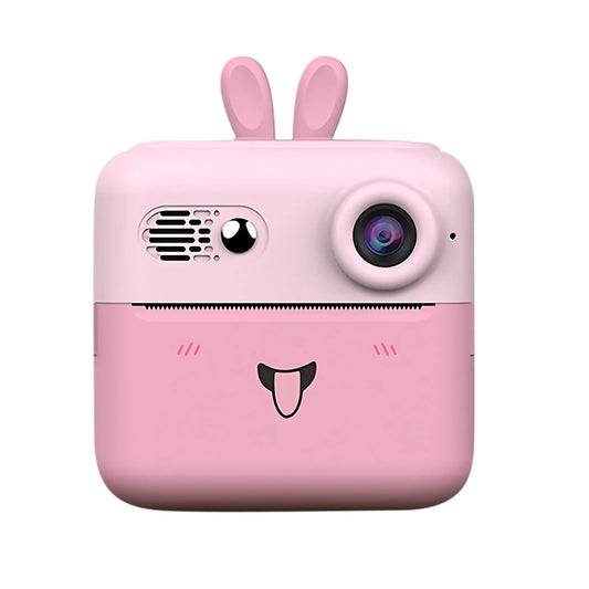Camera Foto Instantanee pentru Copii, Imprimare Termica Alb-Negru, Video 720P, 24MP, Bluetooth, Ecran 2.4 Inch, Baterie 1200 mAh, Model Iepuras, Include 10 Role Hartie si Markere, Roz