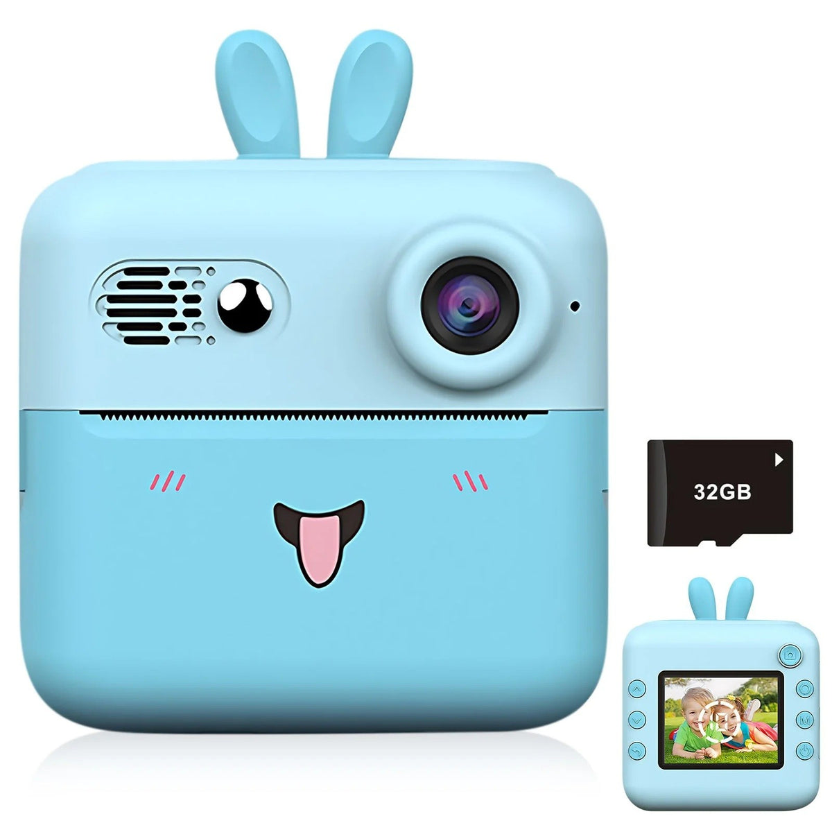 Cameră Foto Instantanee pentru Copii, Imprimare Termică Alb-Negru, Video 720P, Foto 24MP, Bluetooth, Ecran 2.4 Inch, Model Iepure, Include 10 Role Hârtie și Markere, Albastru