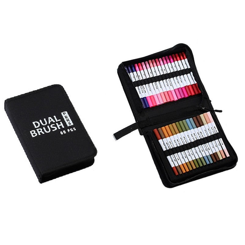 Set Carioci 2 in 1 cu Capăt Dublu, Vârf Tip Pensulă și Subțire, Cerneală pe Bază de Apă pentru Pictură și Caligrafie, Penar Negru cu Fermoar, 60 Culori, Multicolor