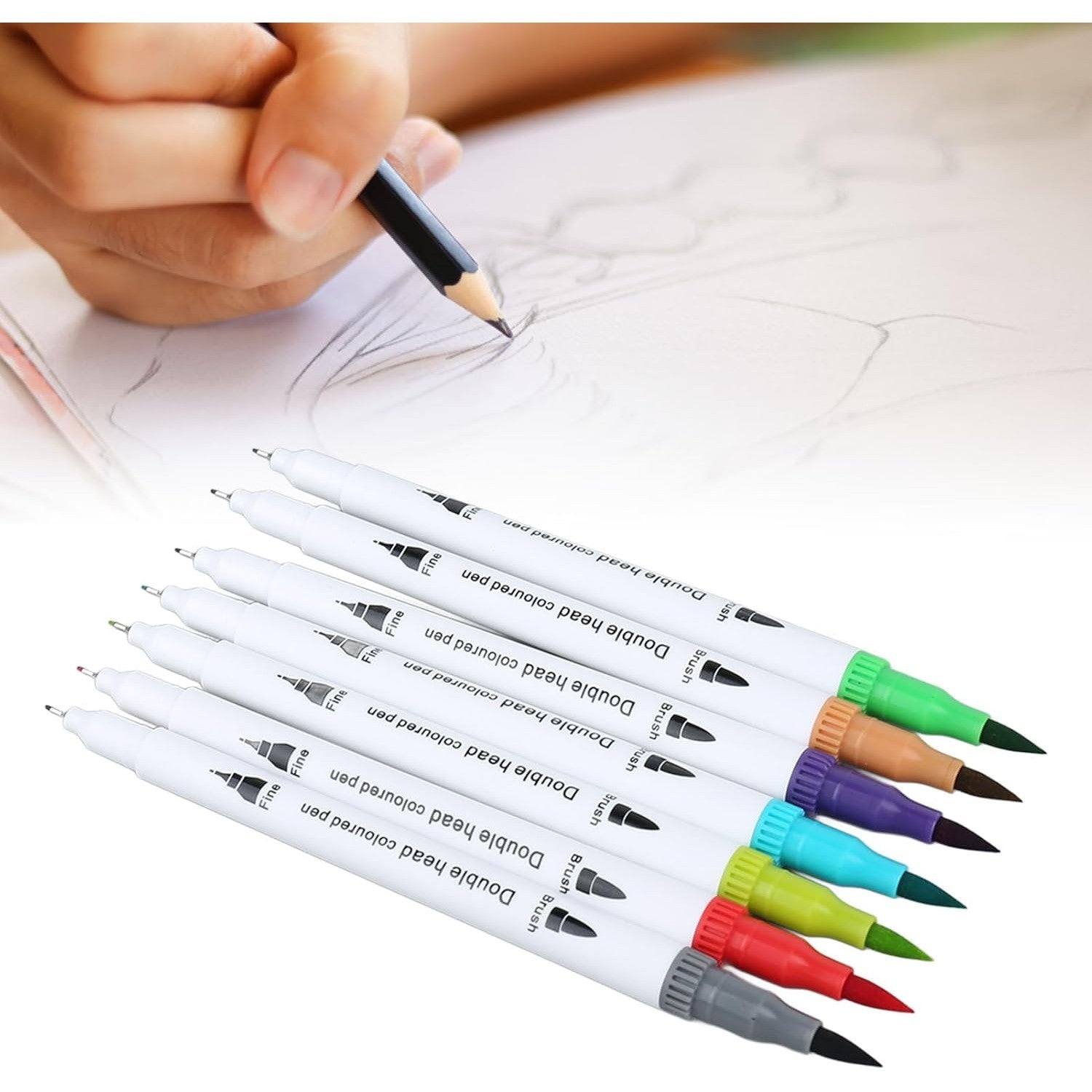 Set Carioci pe Baza de Apa cu Doua Capete, Tip Pensula si Varf Subtire, pentru Pictura si Caligrafie, Cerneala Non-Toxica, Penar Inclus, 100 Culori, Multicolor