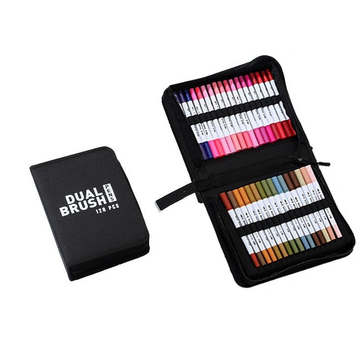 Set Carioci cu Doua Capete pentru Pictura si Caligrafie, Cerneala pe Baza de Apa, Varf Pensula si Varf Subtire, 120 Culori, Penar Negru Organizat, Multicolor