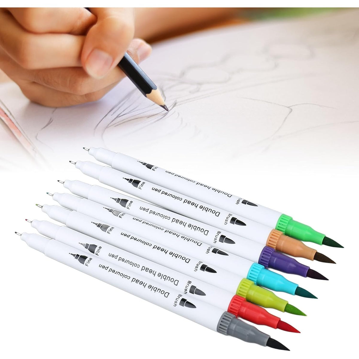 Set Carioci cu Doua Capete pentru Pictura si Caligrafie, Cerneala pe Baza de Apa, Varf Pensula si Varf Subtire, 120 Culori, Penar Negru Organizat, Multicolor