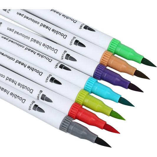 Set Carioci cu Doua Capete pentru Pictura si Caligrafie, Cerneala pe Baza de Apa, Varf Pensula si Varf Subtire, 120 Culori, Penar Negru Organizat, Multicolor