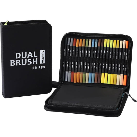 Set Carioci Duble pe Baza de Apa, Markere cu Varf Pensula si Varf Subtire, Cerneala Non-Toxica pentru Pictura si Caligrafie, Penar Organizator cu Fermoar, 60 Culori, Multicolor