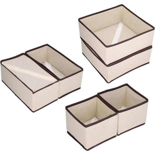 Organizator Sertar pentru Lenjerie si Tricouri, Set 6 Piese, Design Pliabil si Stivuibil, Tesatura Ecologica Respirabila, 3 Marimi, Alb/Maro